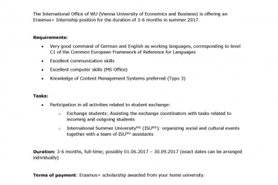 Ponuka stáže na Vienna University of Economics and Business, deadline 26. 2. 2017