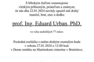 Navždy nás opustil prof. Ing. Eduard Urban, PhD.