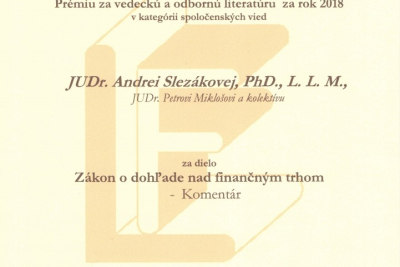 Literárny fond ocenil autorov katedry obchodného práva prémiou za vedeckú a odbornú literatúru za rok 2018